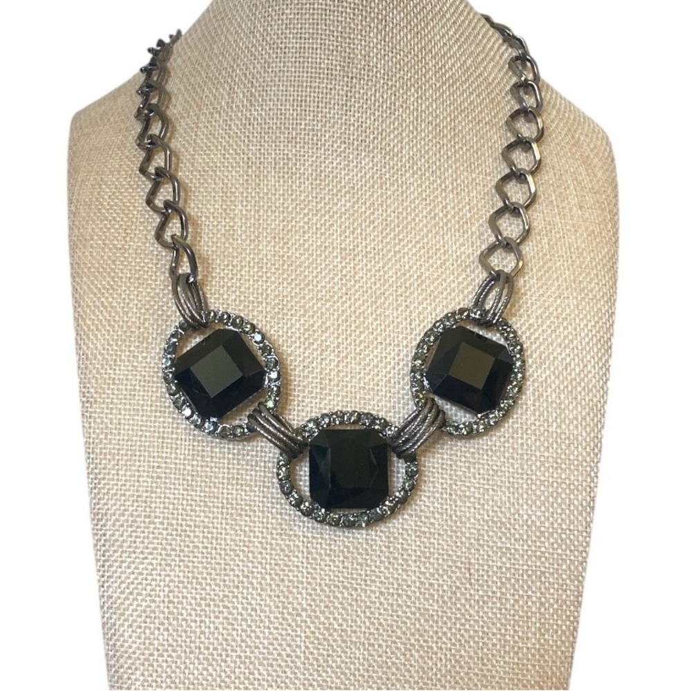 Black Faceted Crystal Statement Necklace Gunmetal Olivine Rhinestone Bib